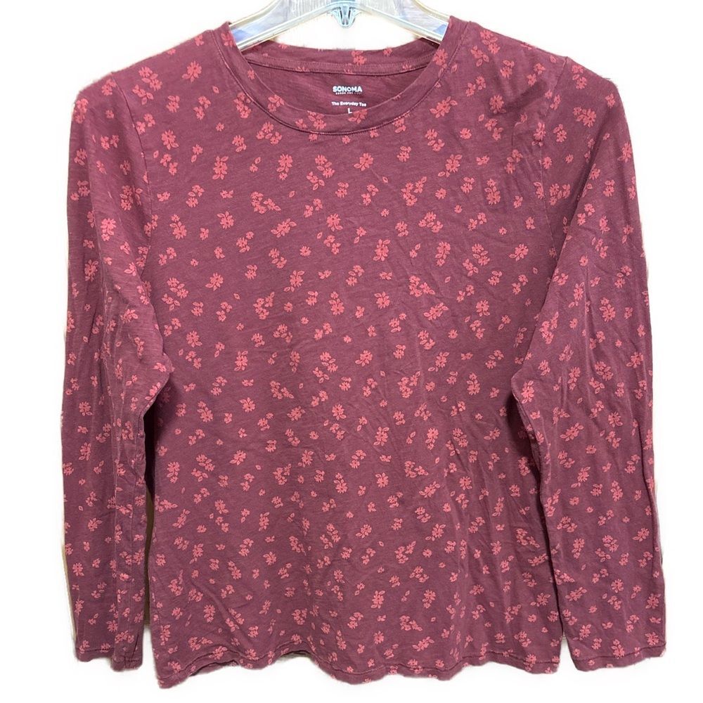 Women’s Large Sonoma Floral Rust Maroon Cotton Everyday T-Shirt